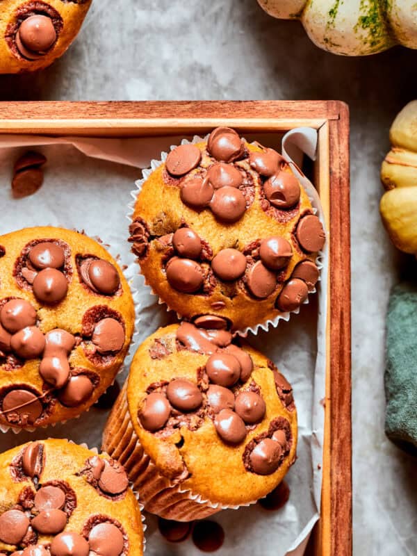 Four pumpkin chocolate chip muffins on a tray.