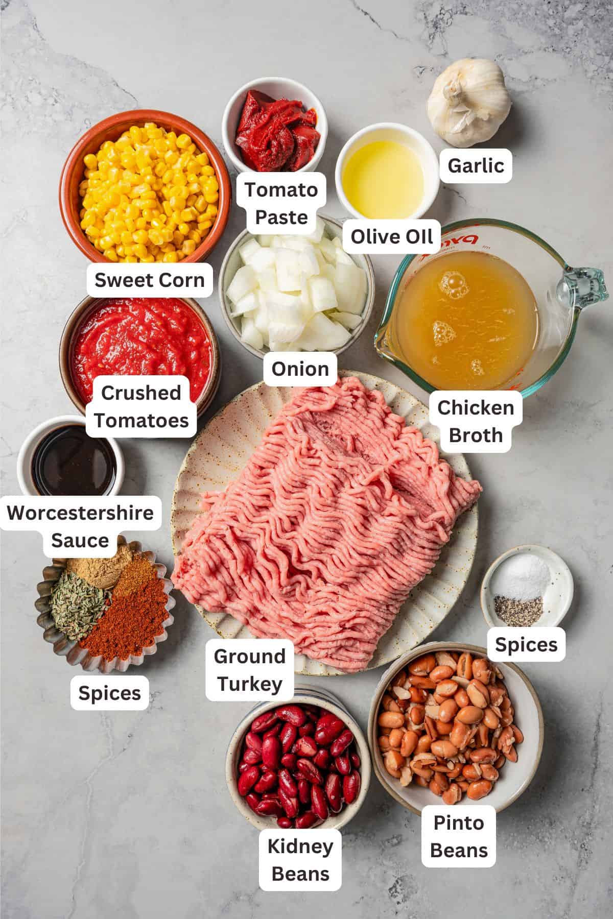 Turkey chili ingredients with text labels overlaying each ingredient.