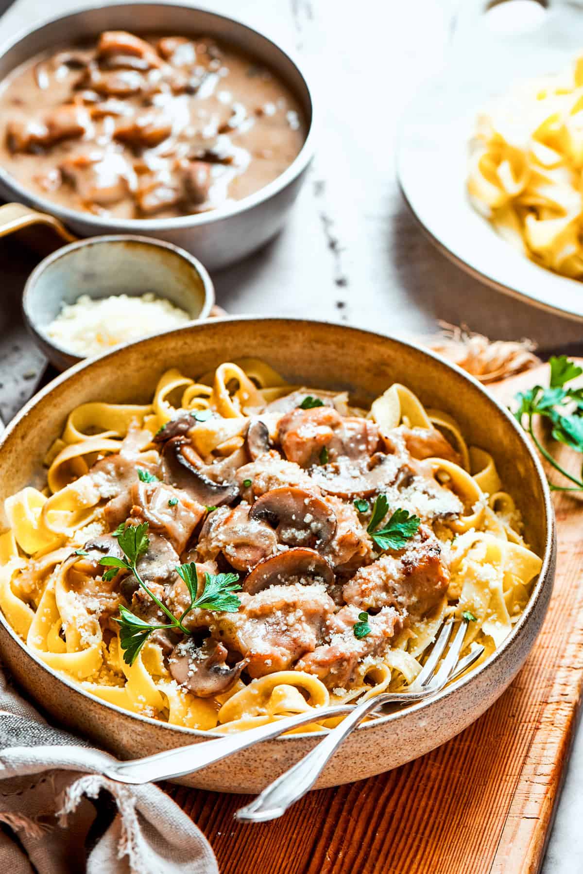 Bowl of chicken and mushrooms served on top of noodles.