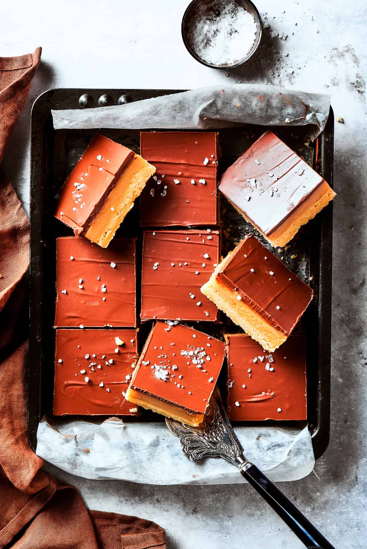 A square pan of Millionaire bars.