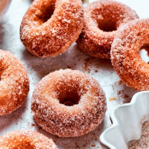 Cinnamon sugar sparkles on baked apple cider donuts.