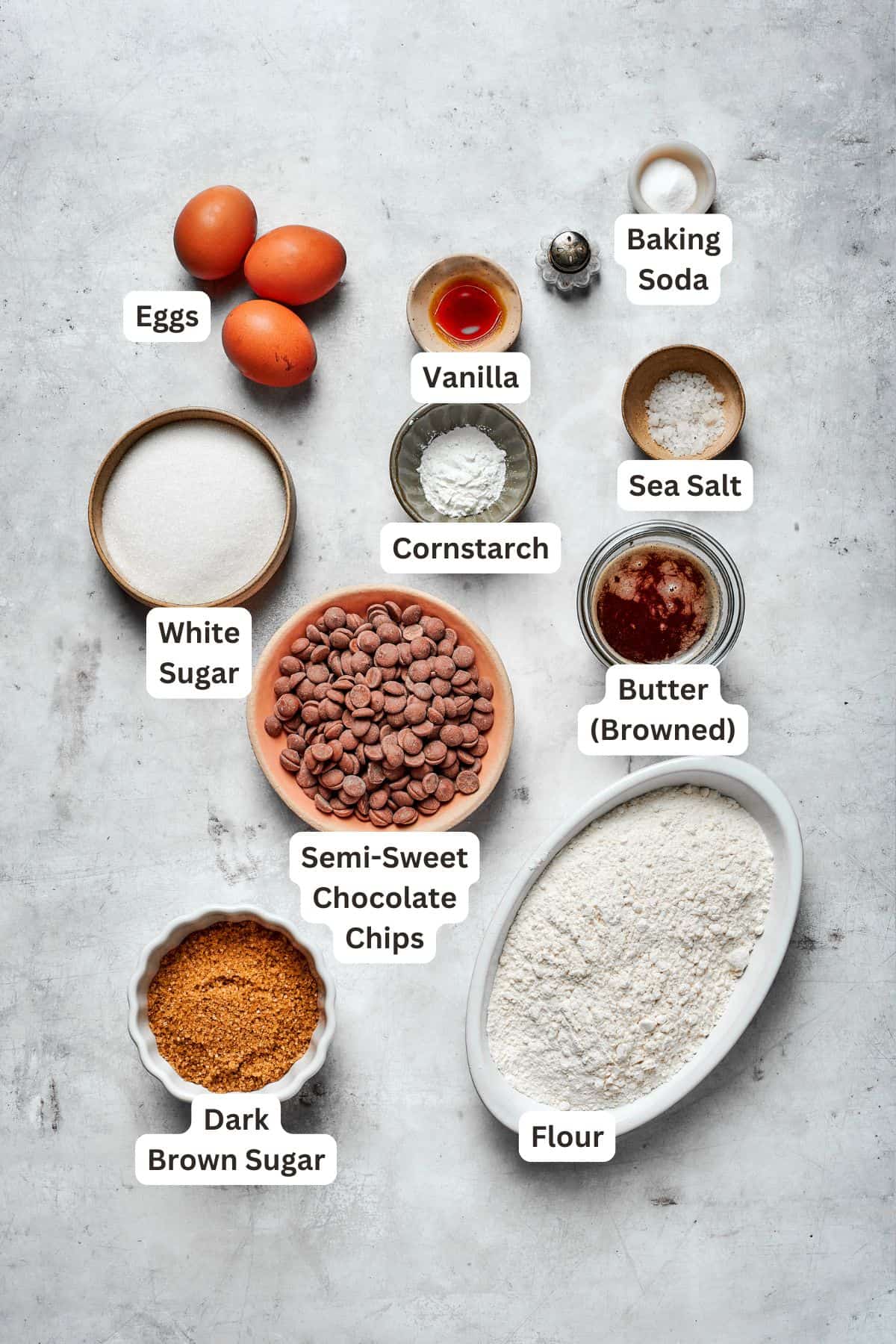 Ingredients for brown butter chocolate chip cookies including butter and brown sugar are text-labeled.