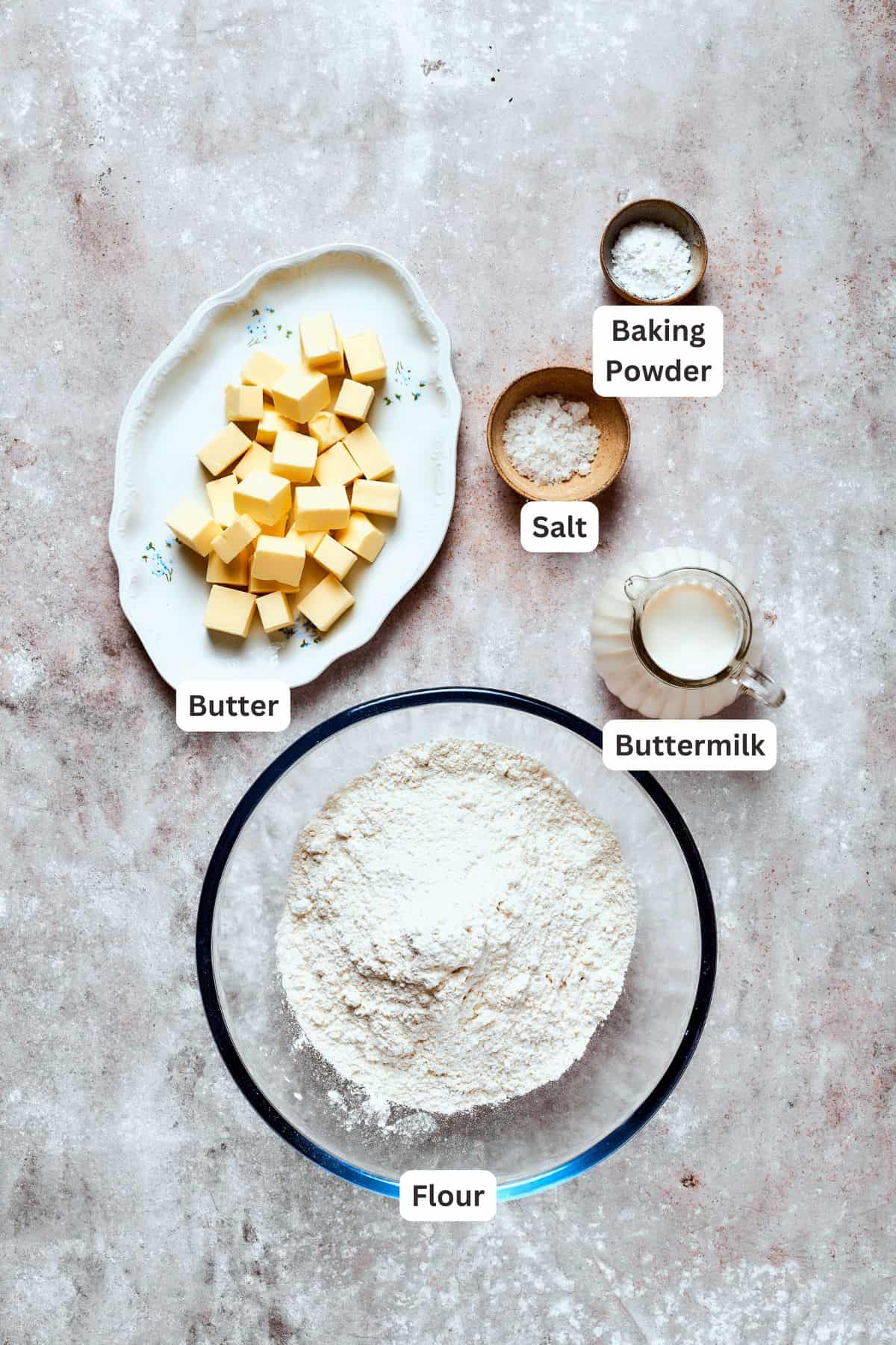 Ingredients for buttermilk biscuits.