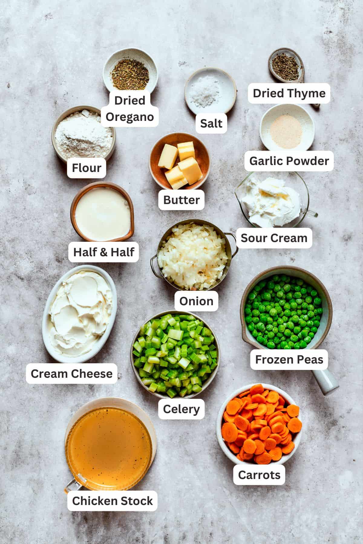 Ingredients for chicken pot pie filling.