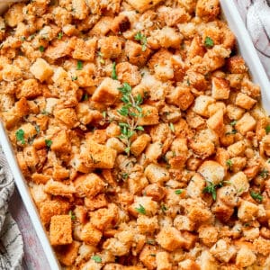 Chicken stuffing casserole in a baking dish.