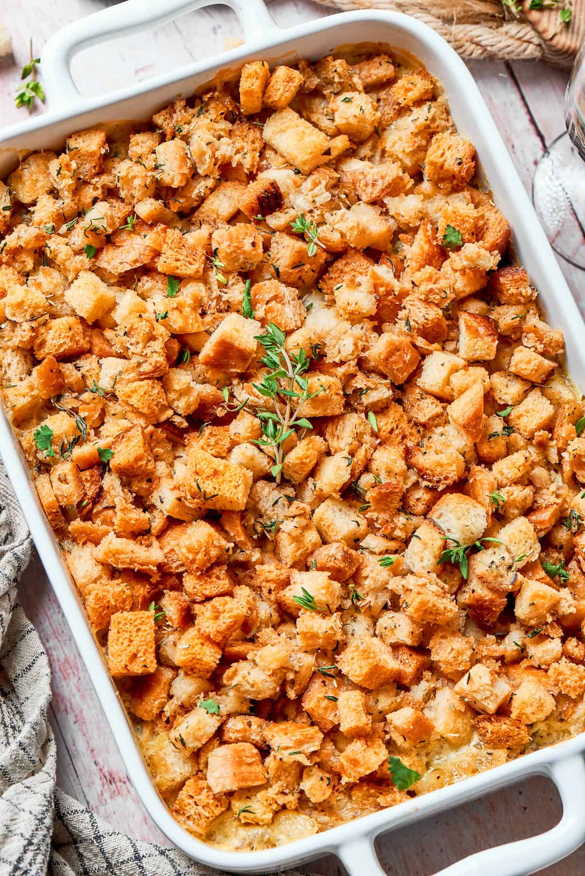 Baked chicken stuffing casserole in a 9x13 dish.