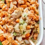 Chicken stuffing casserole in a baking dish.