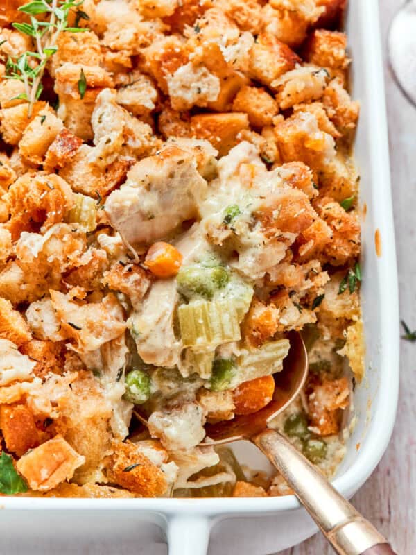 Chicken stuffing casserole in a baking dish.