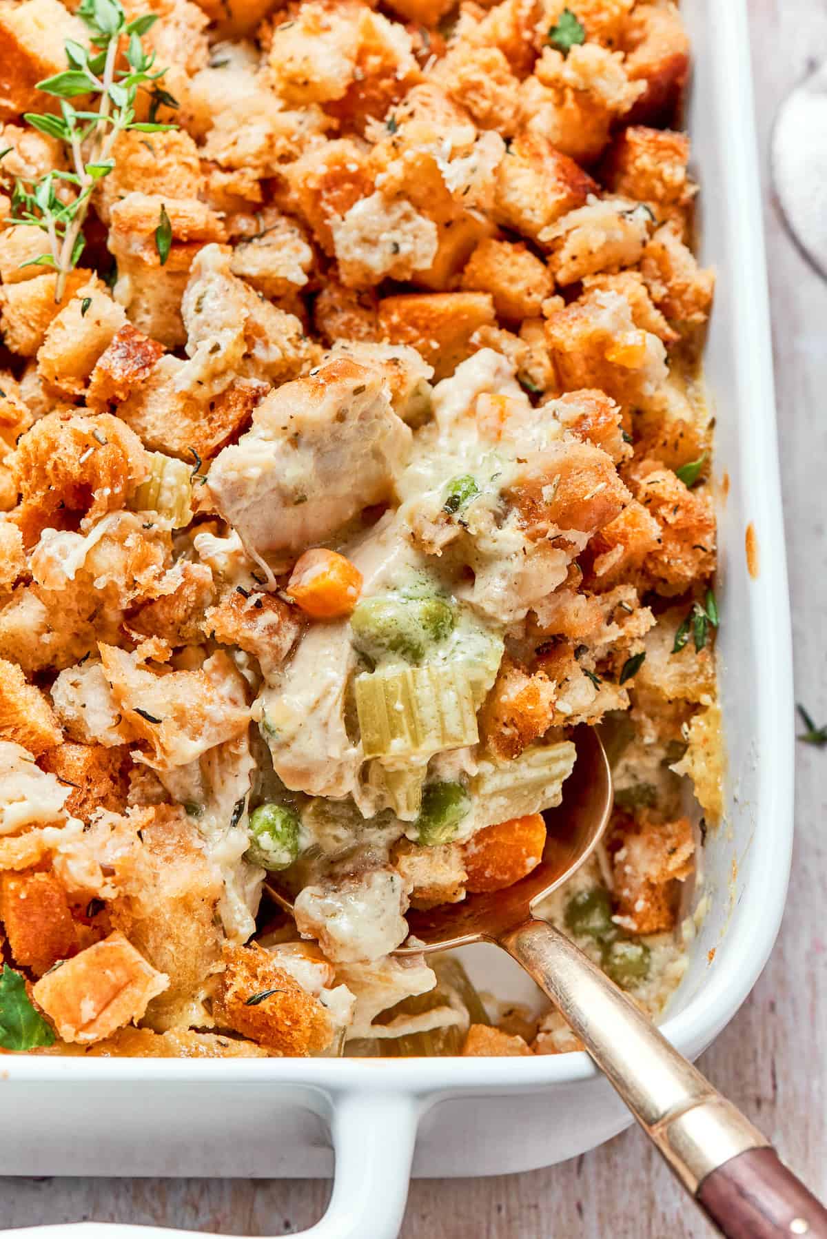 Chicken stuffing casserole in a baking dish.