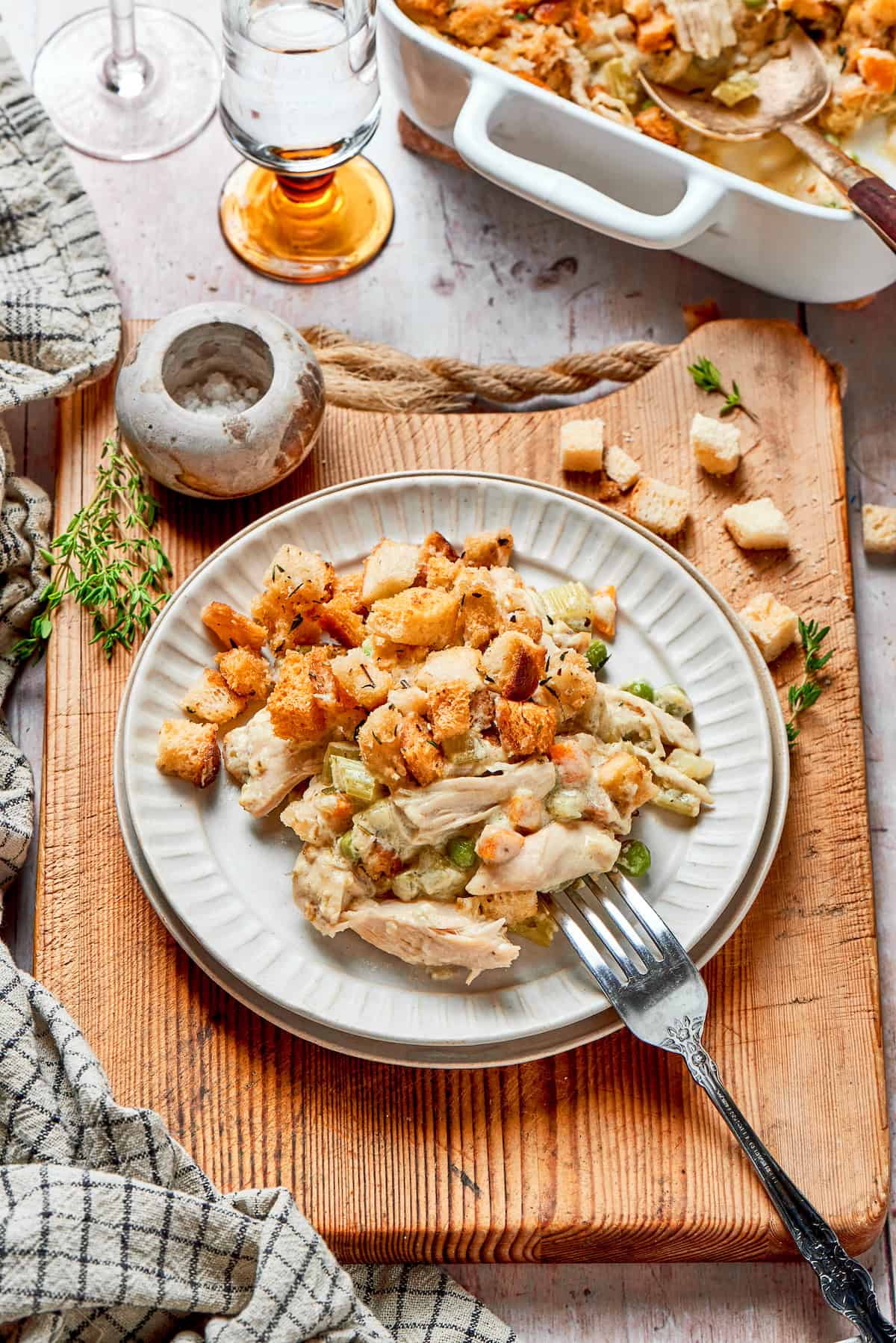 Serving of chicken stuffing casserole on a plate.