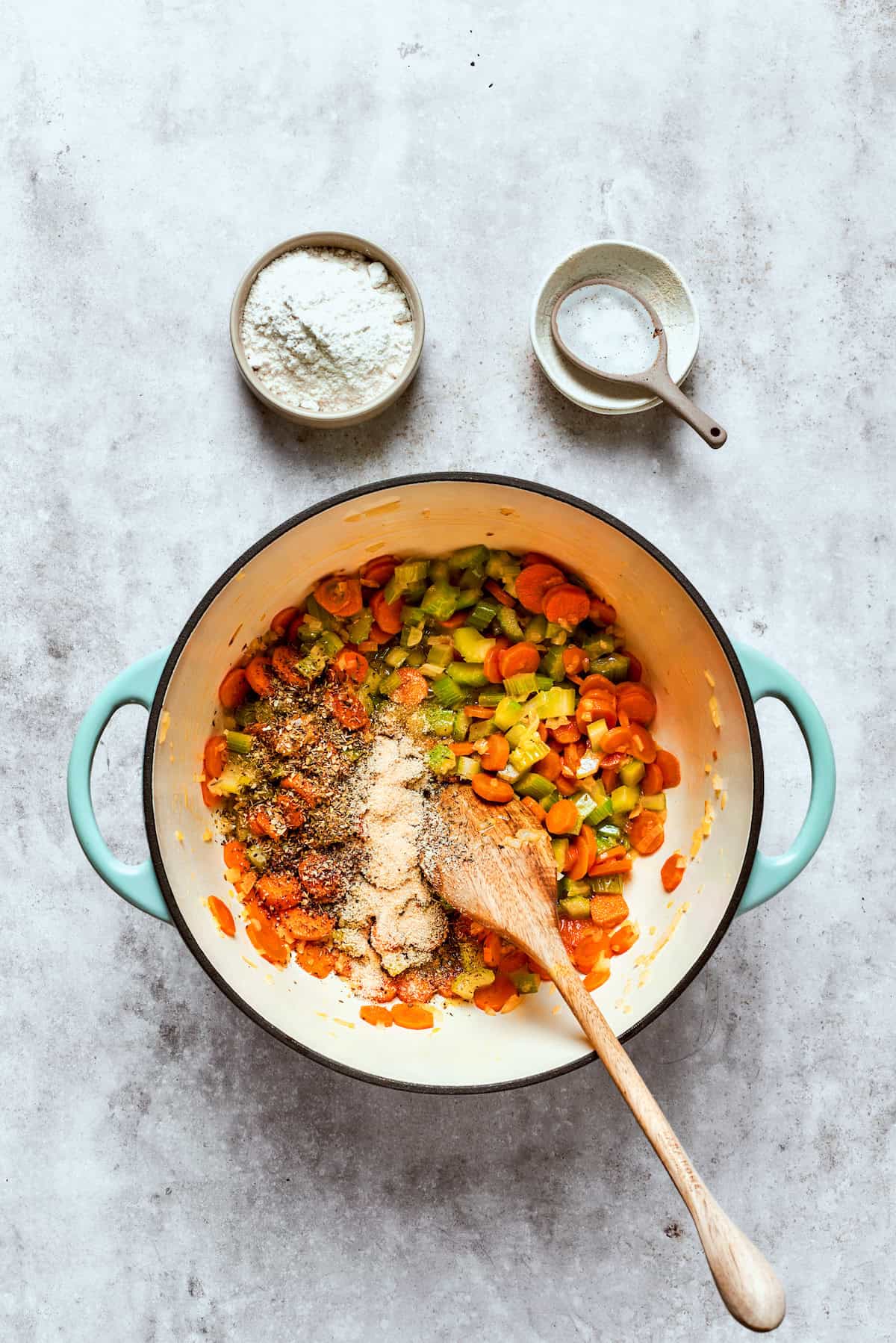 Cooking veggies in a large pot.