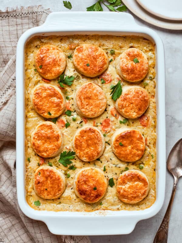 Baked chicken pot pie casserole.