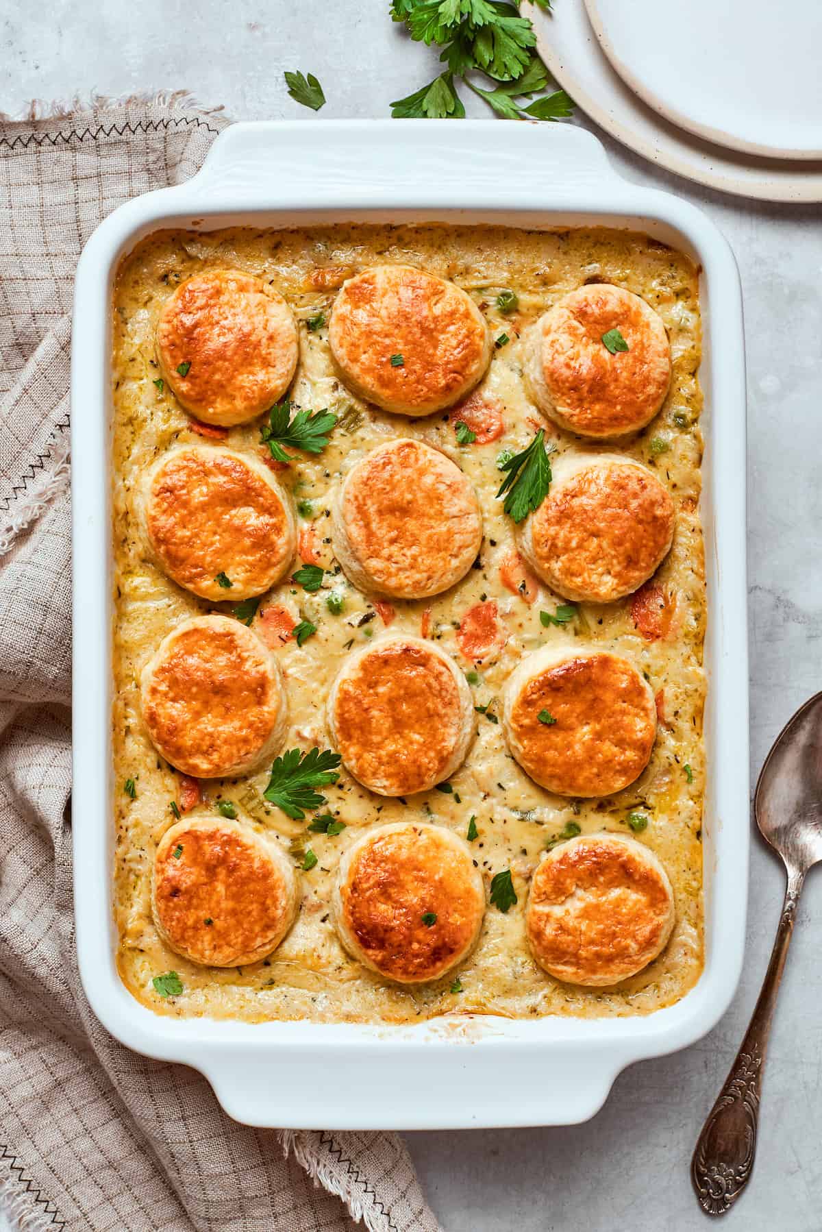 Baked chicken pot pie casserole.