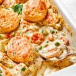 Chicken pot pie casserole in a baking dish.