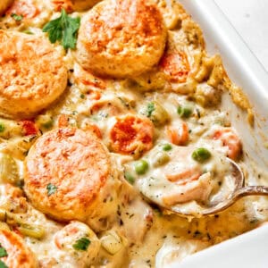 Chicken pot pie casserole in a baking dish.