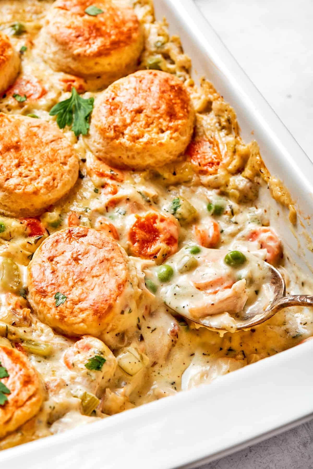 Chicken pot pie casserole in a baking dish.