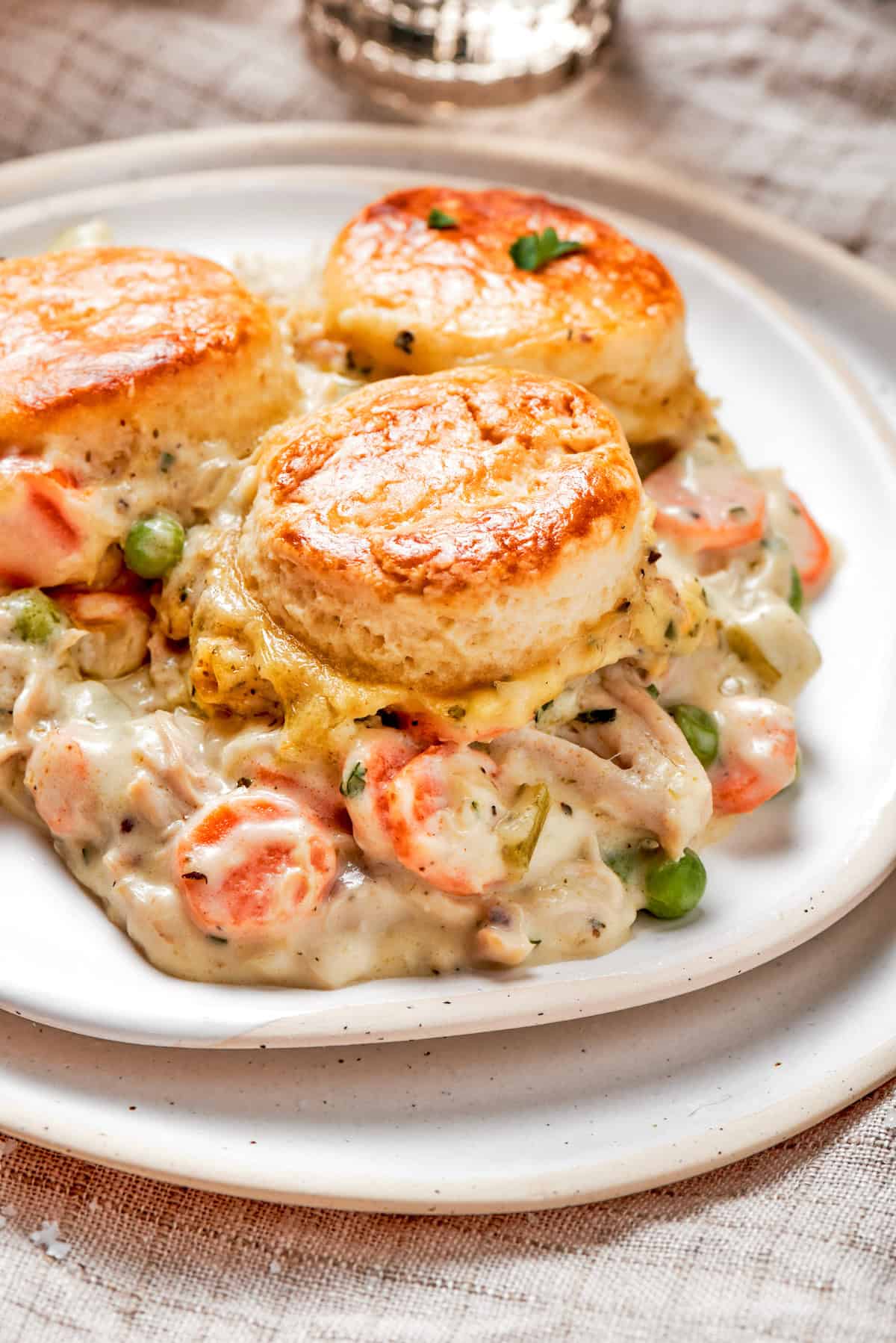 Serving of chicken pot pie casserole on a plate.