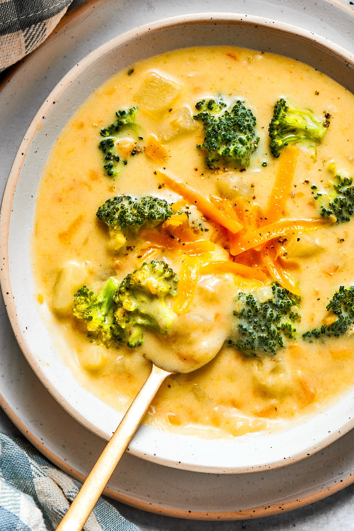 Bowl of broccoli cheese soup garnished with shredded cheese and broccoli florets.