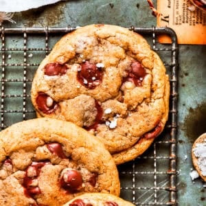 Overhead image of Chocolate Chip Cookies on a wire rack.