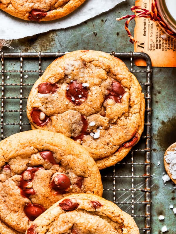 Overhead image of Chocolate Chip Cookies on a wire rack.