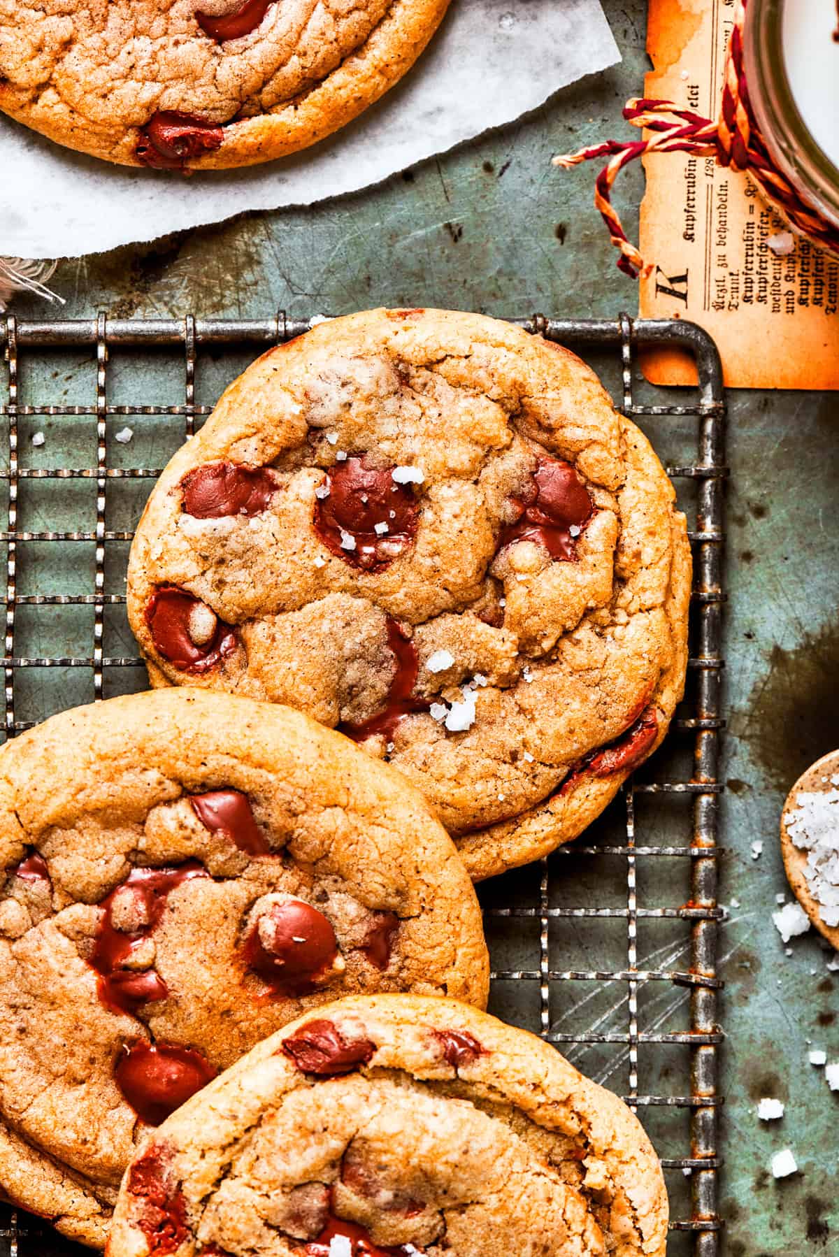 Overhead image of Chocolate Chip Cookies on a wire rack.