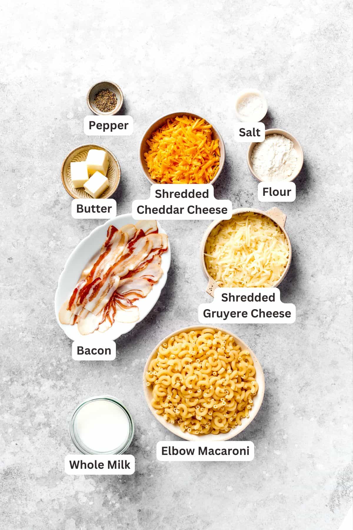 Text labeled ingredients for bacon mac and cheese.