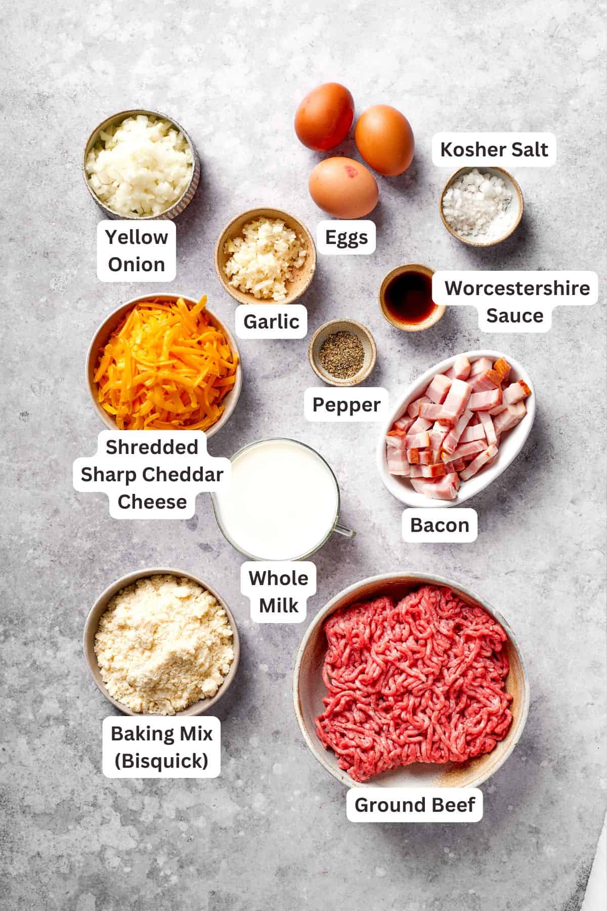 Ingredients for cheeseburger pie are text-labeled.