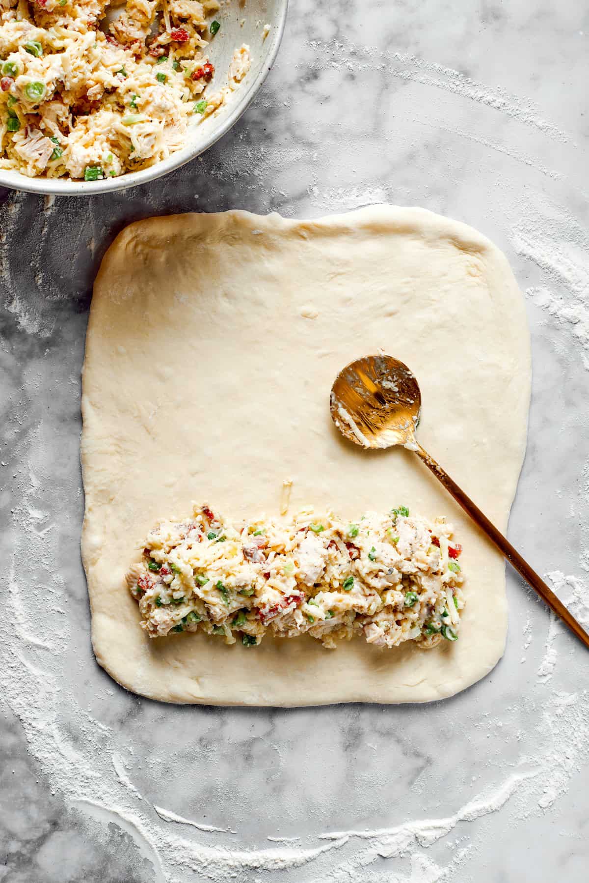 A little chicken filling added to pizza dough.