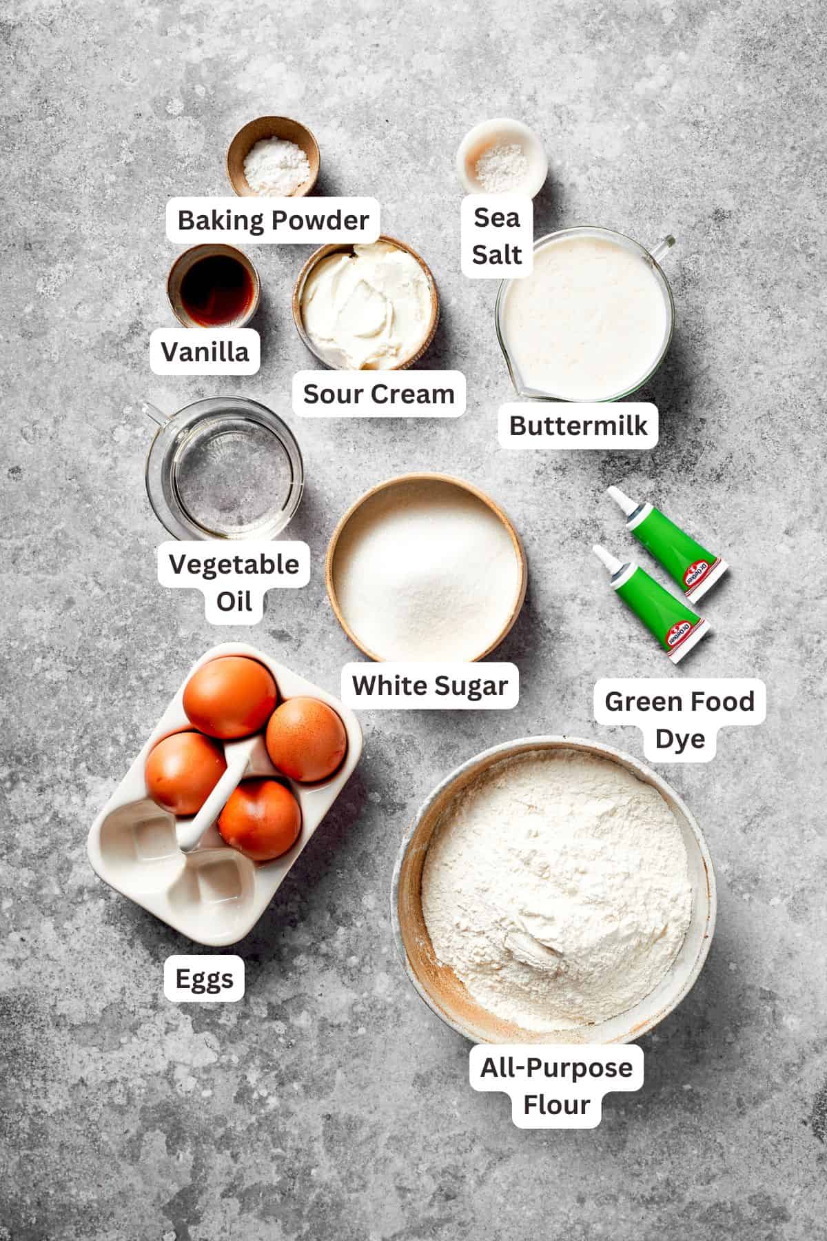 Ingredients to make a grinch cake are text labeled.