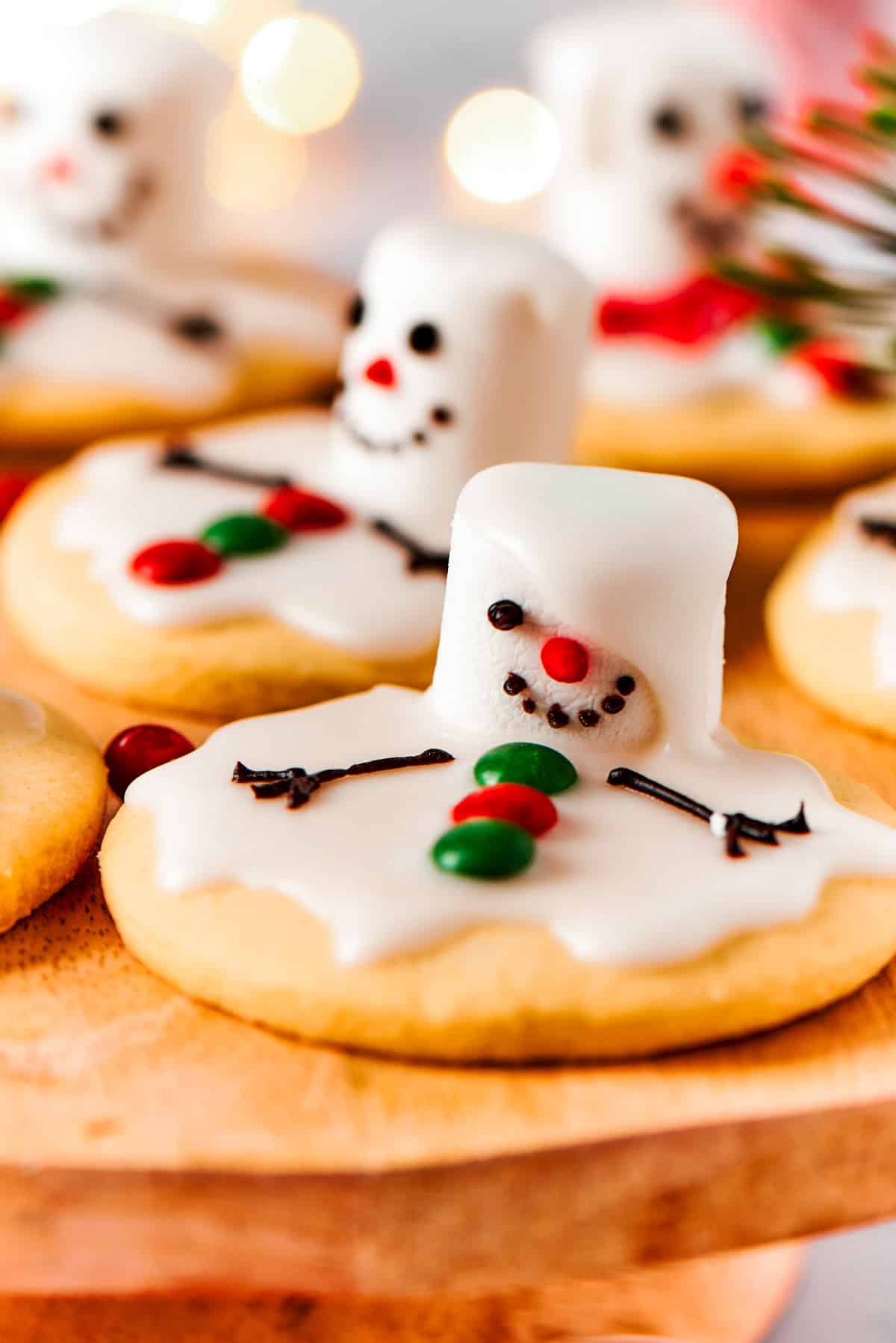 Close-up of a melted snowman cookie.