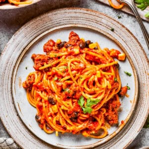 Taco spaghetti on a plate.