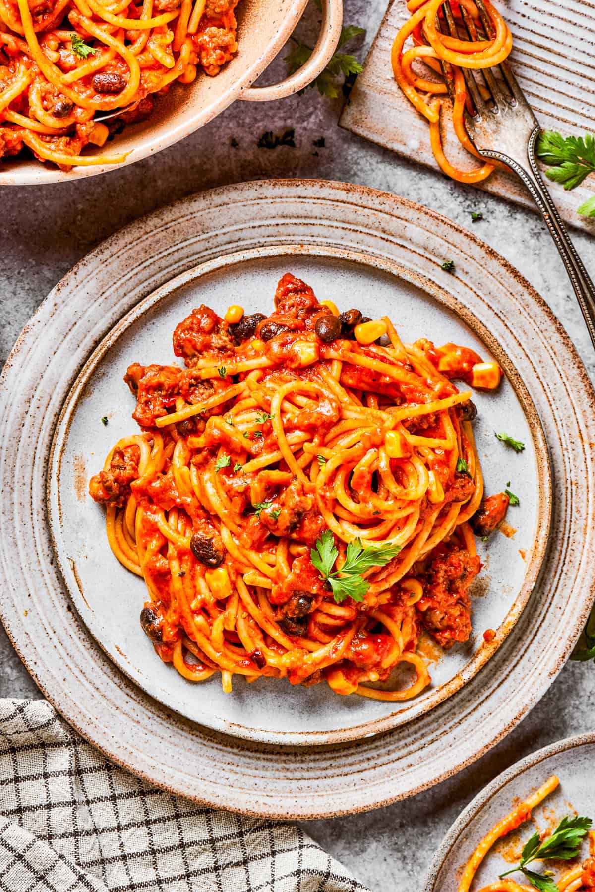 Taco spaghetti on a plate.