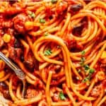 Mexican spaghetti social media image with text overlay.