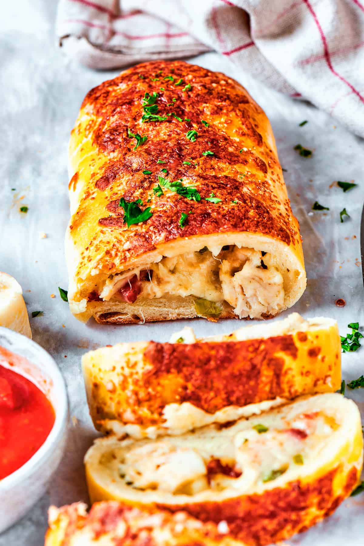 Sliced chicken bake sandwich.