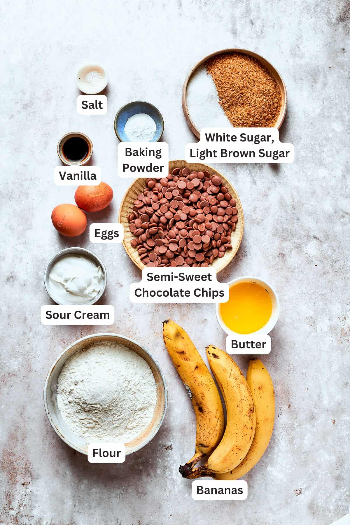 Ingredients for banana chocolate chip bread are text-labeled.