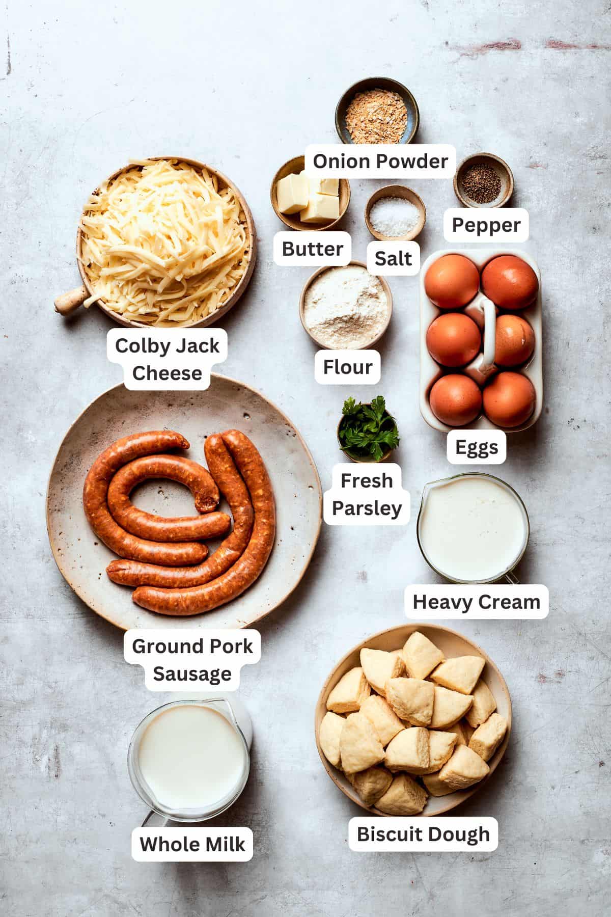 Ingredients for biscuits and gravy casserole are text-labeled.