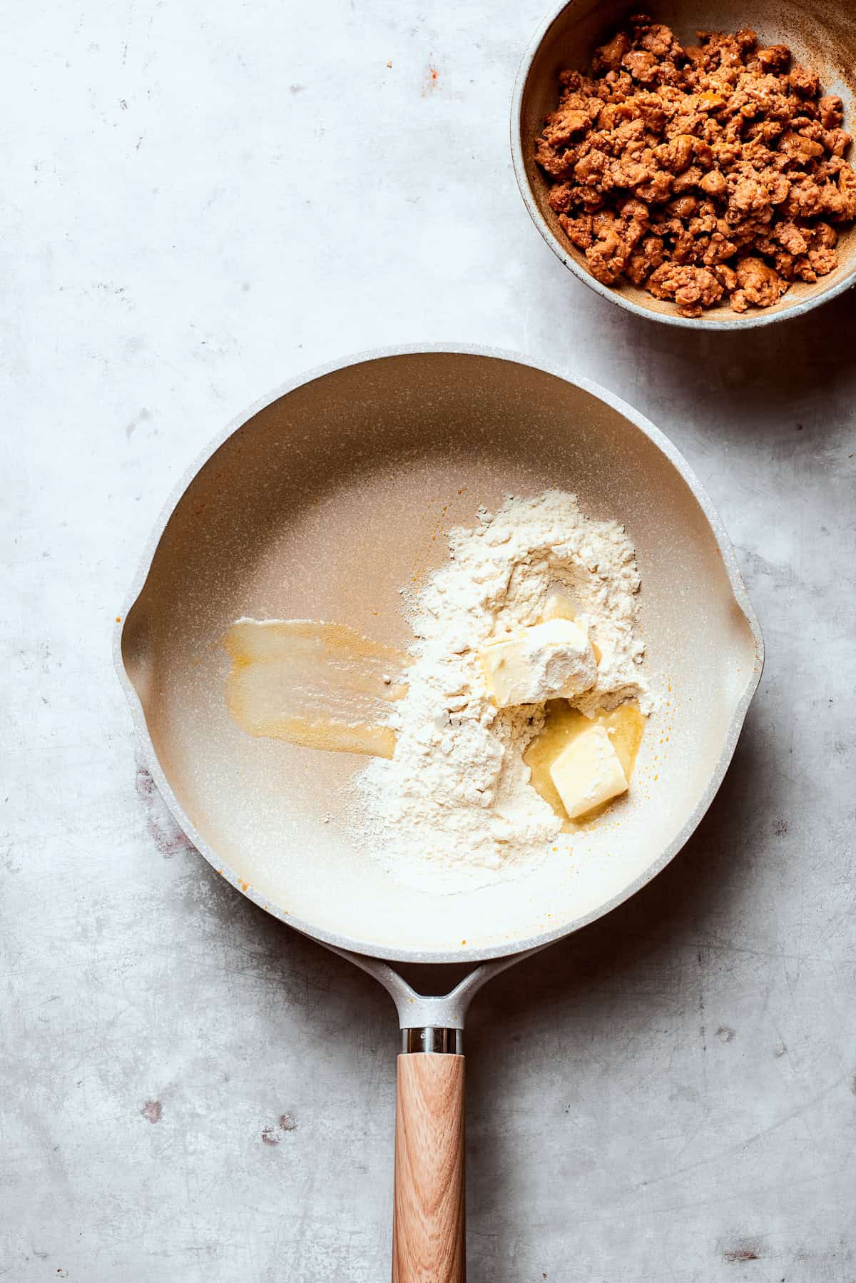 Butter and flour added to a skillet.