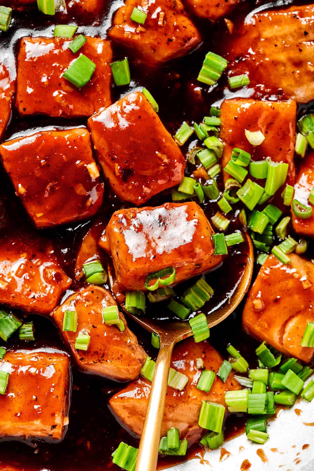 A spoon in a serving of teriyaki salmon.