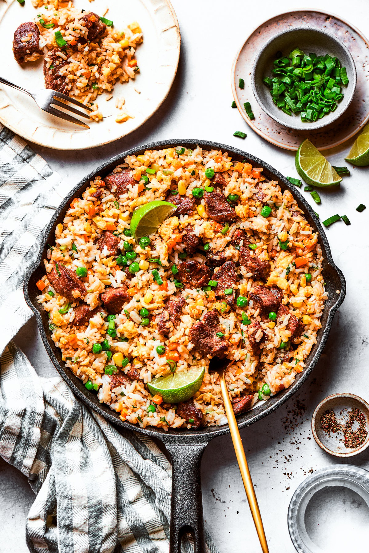 Steak fried rice in a skillet with a small bowl of chopped green onions placed near it.