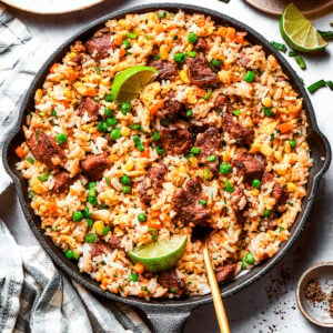 Overhead image of steak fried rice in a skillet.