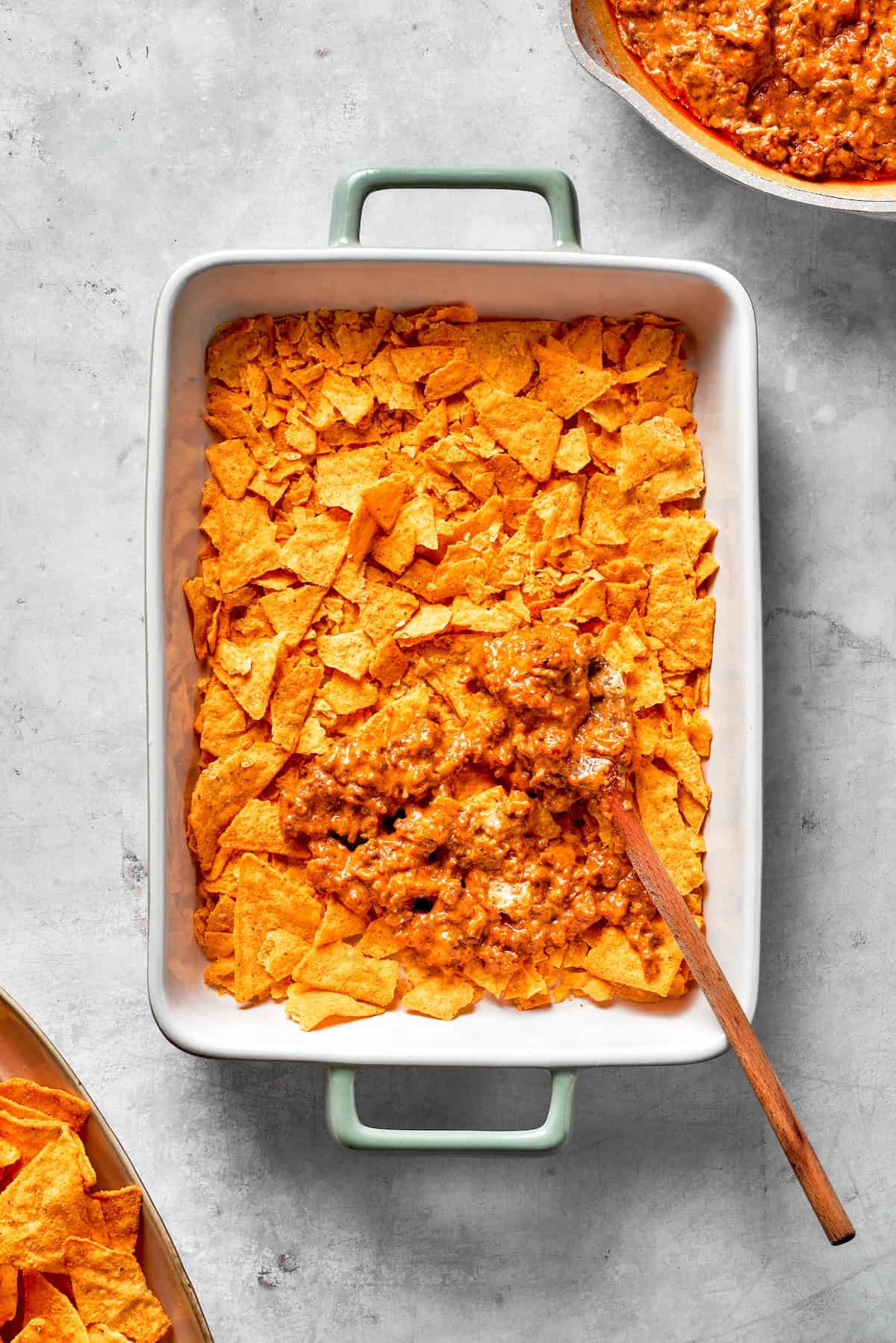 A layer of Doritos added to Dorito casserole.