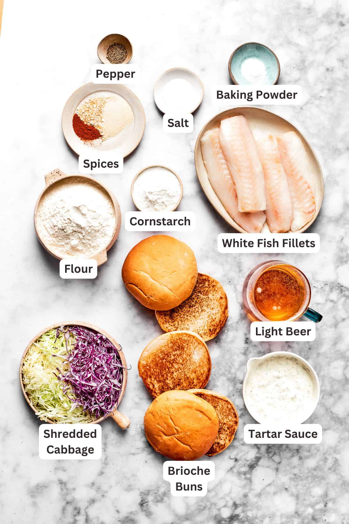 Ingredients for fish sandwich are text-labeled.