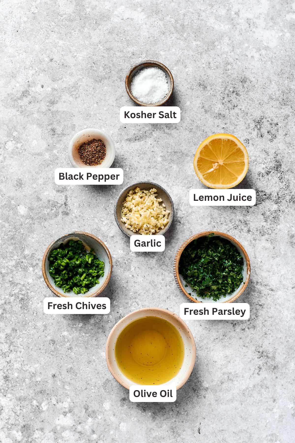 Ingredients for steak and eggs sauce are text-labeled and portioned out.