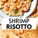 Shrimp risotto long Pinterest image.