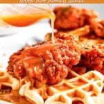 Fried chicken on top of a waffle with text overlay on the image.