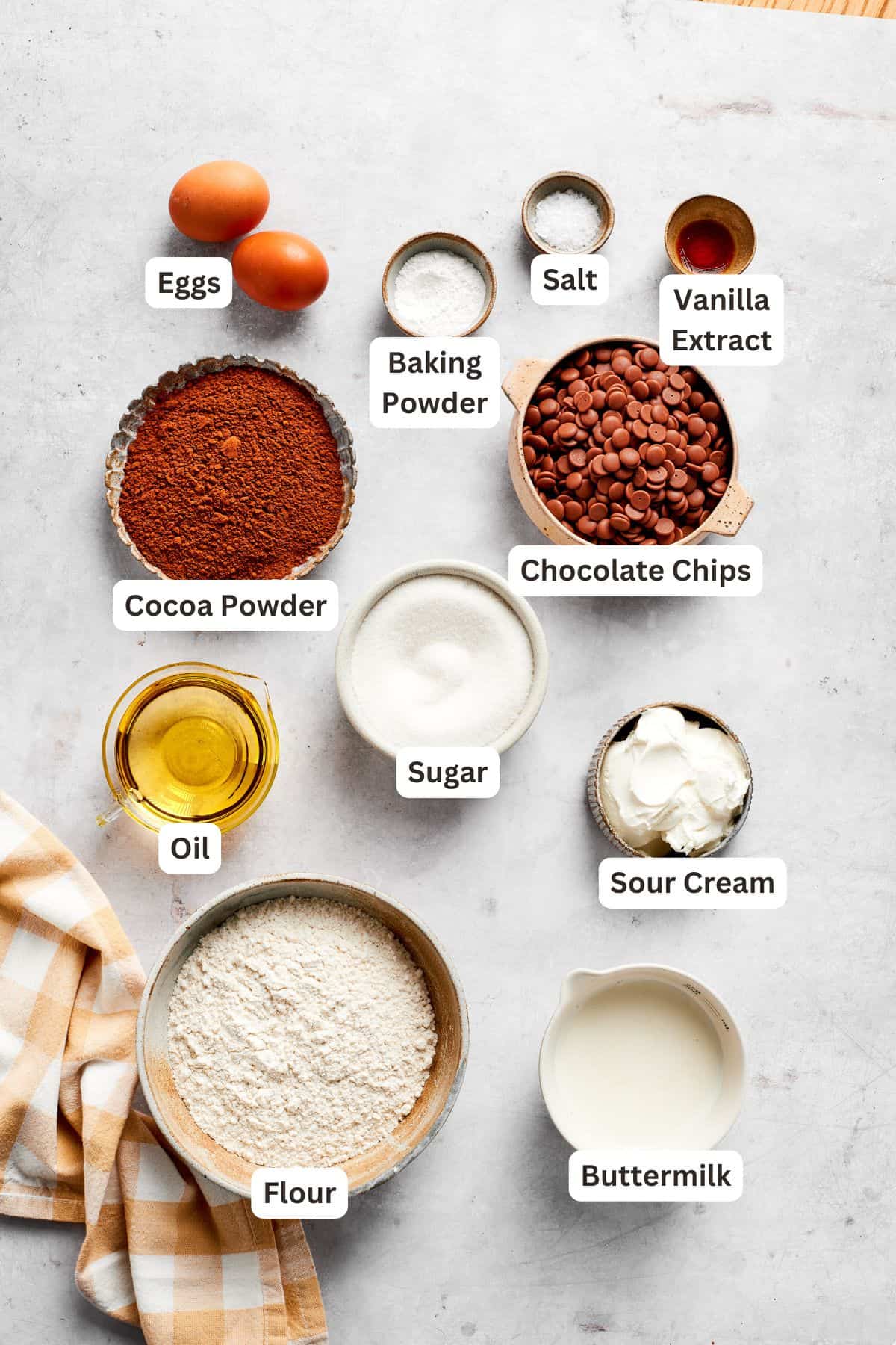 Ingredients for a chocolate muffins recipe are text labeled.