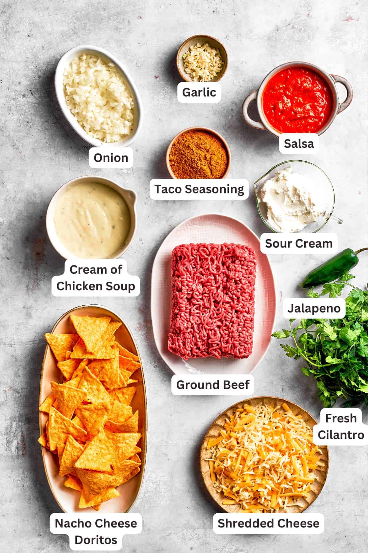 Ingredients for doritos casserole are text-labeled.