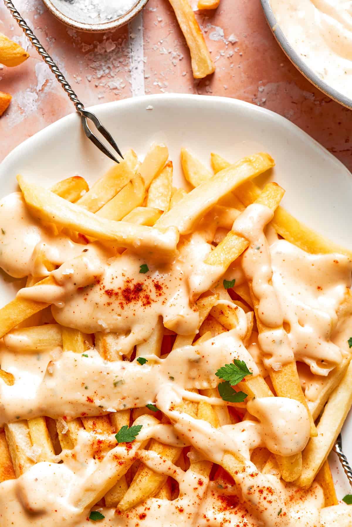 A plate of voodoo fries and a serving utensil.