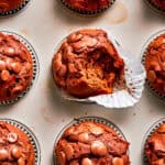 Chocolate muffins in muffin liners.
