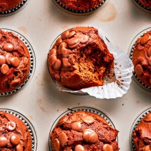Chocolate muffins in muffin liners.